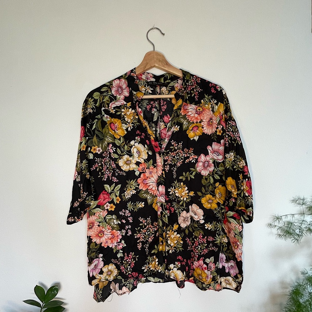Zara Floral Black Women's button down Top
